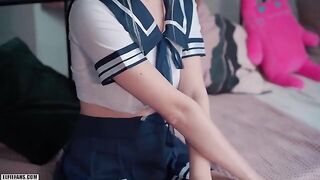 Cute Japanese schoolgirl gets her pussy filled with cum and facial
