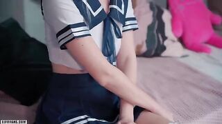 Cute Japanese schoolgirl gets her pussy filled with cum and facial