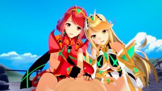 Pyra and Mythra are having a threesome with an unexpected participant in this Xenoblade 3D hentai