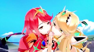 Pyra and Mythra are having a threesome with an unexpected participant in this Xenoblade 3D hentai