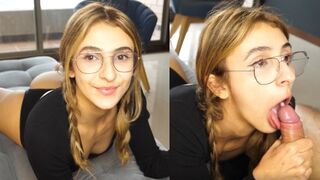 A cute girl swallows a big cock and gets a warm throat pie