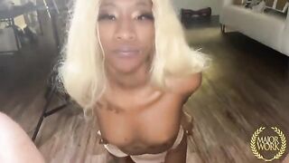 Mini Stallion, a petite Ebony star, takes on intense action with a big dick