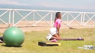 Peruvian woman is doing exercises when her strict gym teacher catches her in action