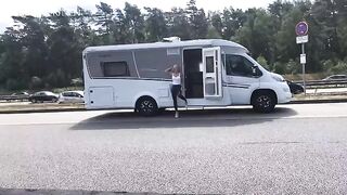 Public sex at the A1 motorway - cum on my wet look leggings