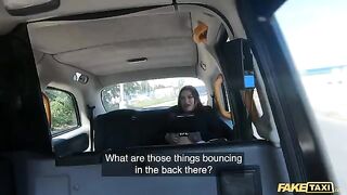 Sabien Demonia's big natural tits get pounded by a huge cock in fake taxi action