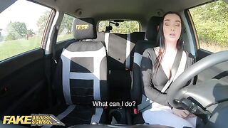 A girl is having fun with her fake driving school teacher in the car