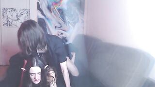 The girl gently touches her lover’s cock through his pants, teasing him