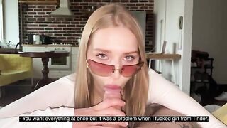 A pretty slut gets her glasses covered with a cumshot