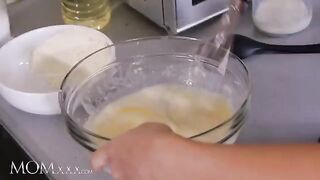 Czech stepmom Florane Russell and petite teen Jenny Wild in steamy kitchen scene