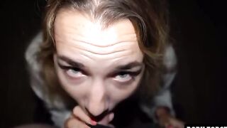 The petite Mona Blue gets her throat filled with cum in a risky scene