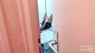 I spy on my stepsister as she rubs herself and I offer her my cock