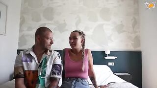 An owiaks couple enjoys their first intimate moment with dirty talk at a hotel