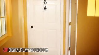 The neighbor masturbates while watching Scarlet Red and Clover get fucked hard