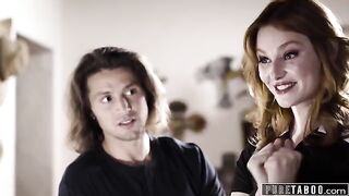 A red-haired woman fucks her widowed husband in a roleplay