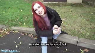 Redhead Brit shows off pierced tits for cash in this steamy Public Agent scene