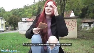 Redhead Brit shows off pierced tits for cash in this steamy Public Agent scene