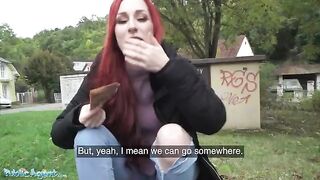 Redhead Brit shows off pierced tits for cash in this steamy Public Agent scene