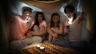 Naughty boys scared and fucked Penelope Kay and Aubrey Valentine in a spooky tale