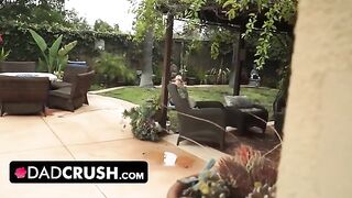 Fit brunette lets pervert stepdad finger and fuck her pussy by the pool