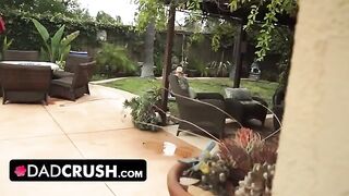 Fit brunette lets pervert stepdad finger and fuck her pussy by the pool