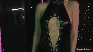 Skinny teen AngelQ stripping on stage in black lingerie and panties