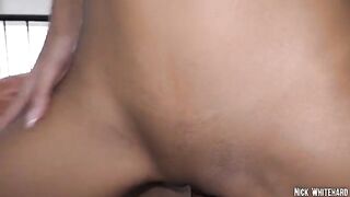 Black Asian teen Lia Lin showcases her slim waist and round ass in steamy action