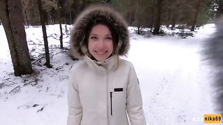 Babe fucked by a guy in the snow for money, winter outdoor action