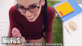 Andreina DeLuxe lets nerdy Jordi study her tits and ass for cash