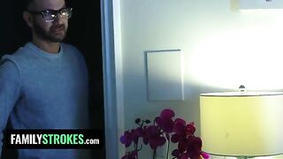 The stepdaughter, in sexy pink lingerie, pleasures her stepdad while her stepmom is in the room