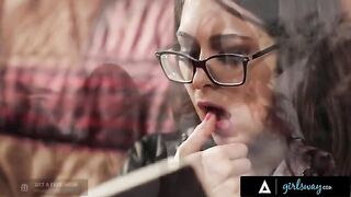 An investigator, portrayed by the stunning Riley Reid, rubs her pussy while imagining scenarios