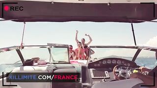 A sexy woman has sex with a guy on her yacht, showcasing her curvy allure