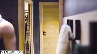 A young girl is having fun with a guy in the ski resort