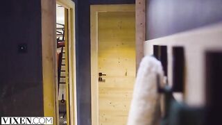 A young girl is having fun with a guy in the ski resort