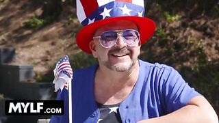 Two sexy MILFs and a stepdad in the hottest 4th of July orgy