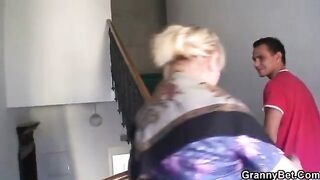Freckles old granny with big tits enjoys riding cock