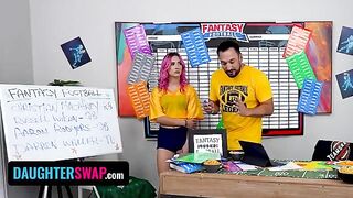 The girls, Jazmin Luv and Aubree Valentine, play a football fantasy game