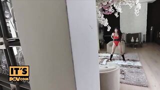 The girl is training with her stepdad in the gym, getting intimate