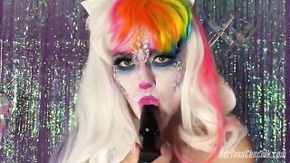 Adriana Chechik Halloween opulence with a rainbow dildo, showcasing her signature intense and boundary-pushing performances