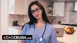 A stepdaughter in a nurse uniform tests her stepfather's willpower in a steamy scene