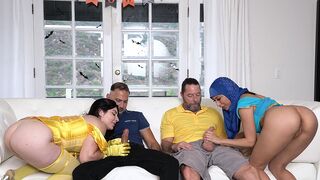 Two hot stepdaughters in costumes, Keira and Penelope, get fucked by their stepdads
