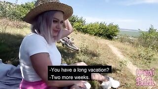 A girl is having fun with a guy she met outdoors