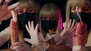 A crazy nurse in latex gloves brings the guy to a powerful orgasm
