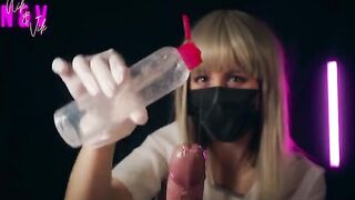 A crazy nurse in latex gloves brings the guy to a powerful orgasm