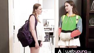 Horny teen Hazel Moore licks her busty bestie’s pussy in classroom