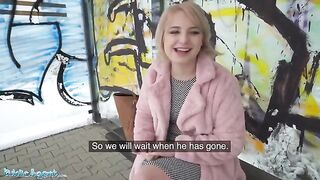 Public Agent picks up short-haired blonde teen at bus stop
