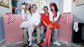 Cute stepdaughters in costumes Kyler Quinn and Alice Pink get fucked by their dad