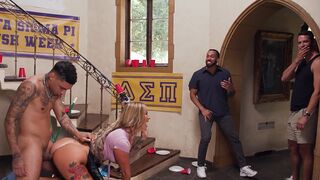 Busty housekeeper gets fucked hard by a group of college frat boys in a wild scene