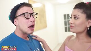 Hot Indian British model licks the cum on dork's glasses after he cums on his own face