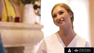 A busty redhead, Skylar Snow, massages her client with sensual Nuru techniques