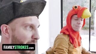 Two women celebrating Thanksgiving with a young man in a roleplay scene